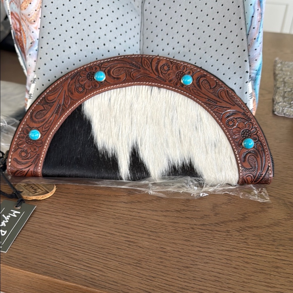 Myra Bag Black and White Wallet with Rustic Design and Turquoise Accents